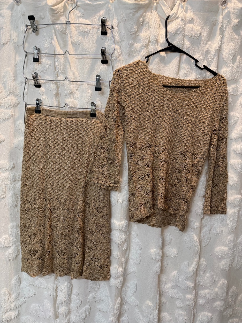 Cynthia Steffe Beige Crochet Knit Top & Midi Skirt Set